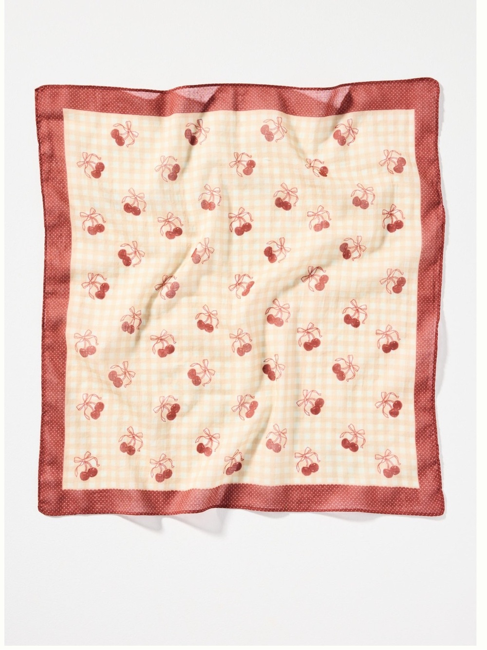 🍒Anthropologie Printed Bandana Cotton Scarf Hair Head Bag New Gingham Cherries - Picture 2 of 8